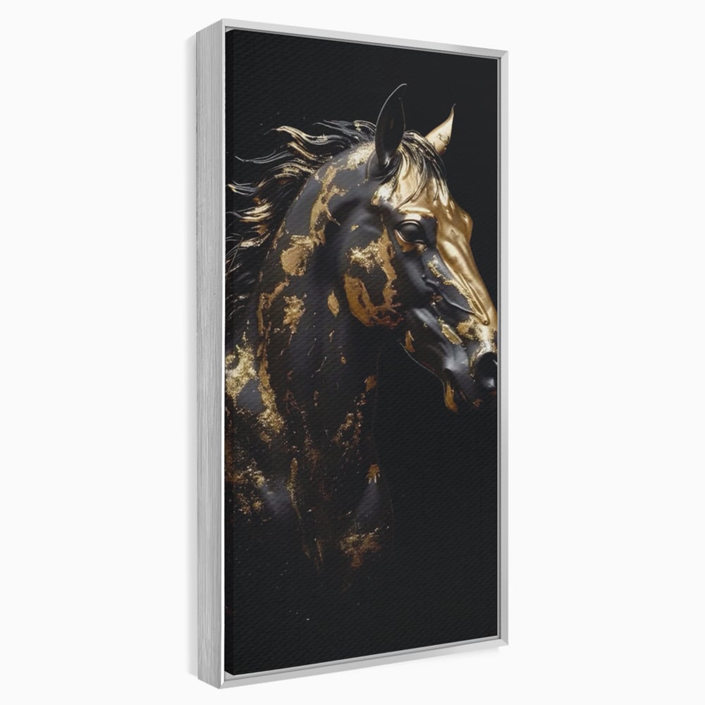 Tablou canvas cu tablou canvas cu un cal negru, in rama de aluminiu argintiu